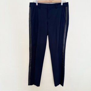 Vince Tuxedo Stripe Side Leather Tapered Navy Black Blue Trouser Pants